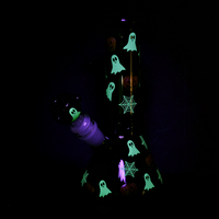 8 inch tall glow in the dark black beaker with jack o lantern pumpkins ghosts and cobweb design bliss shop chicago