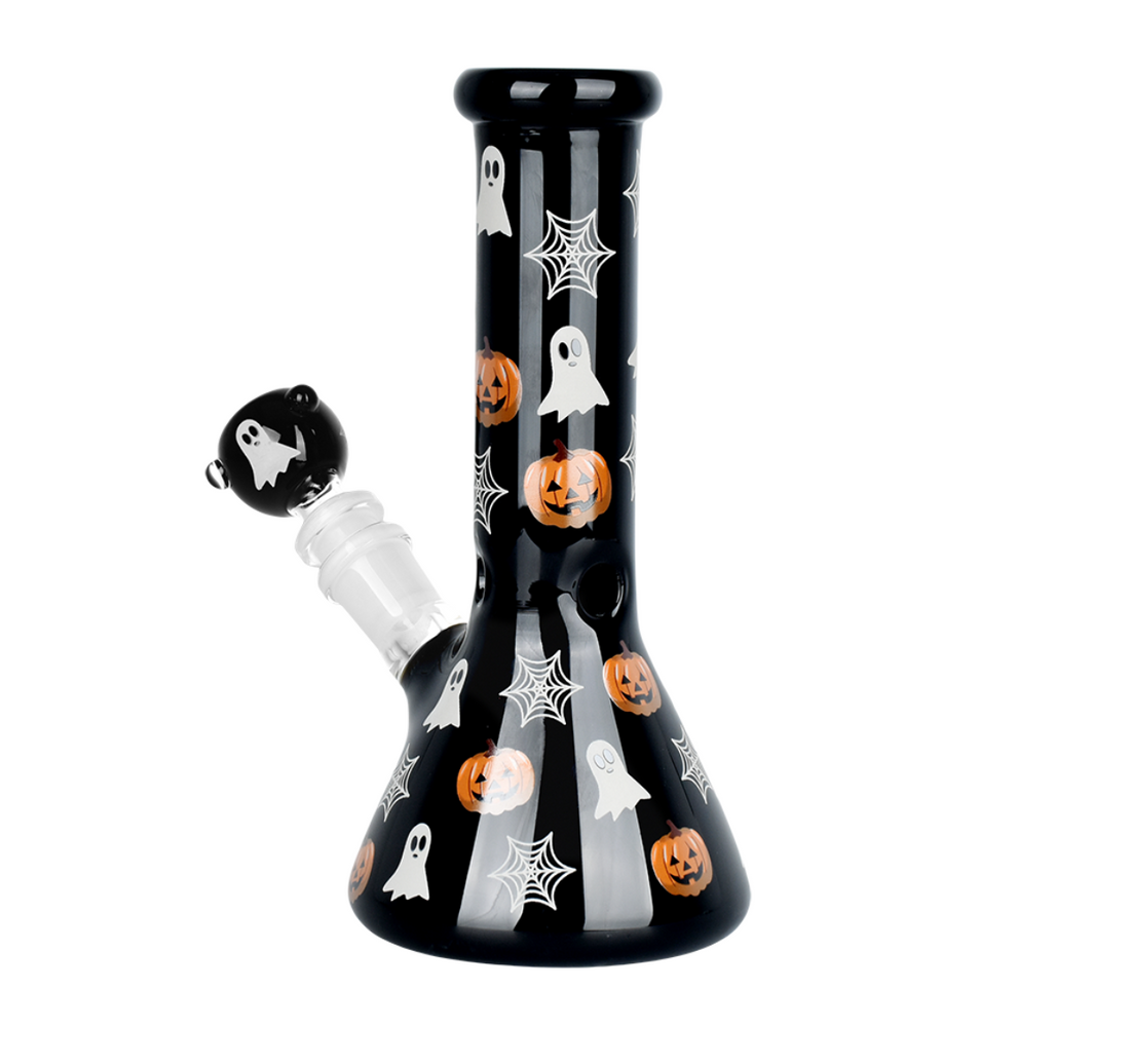 8 inch tall glow in the dark black beaker with jack o lantern pumpkins ghosts and cobweb design bliss shop chicago
