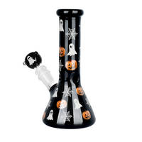 8 inch tall glow in the dark black beaker with jack o lantern pumpkins ghosts and cobweb design bliss shop chicago