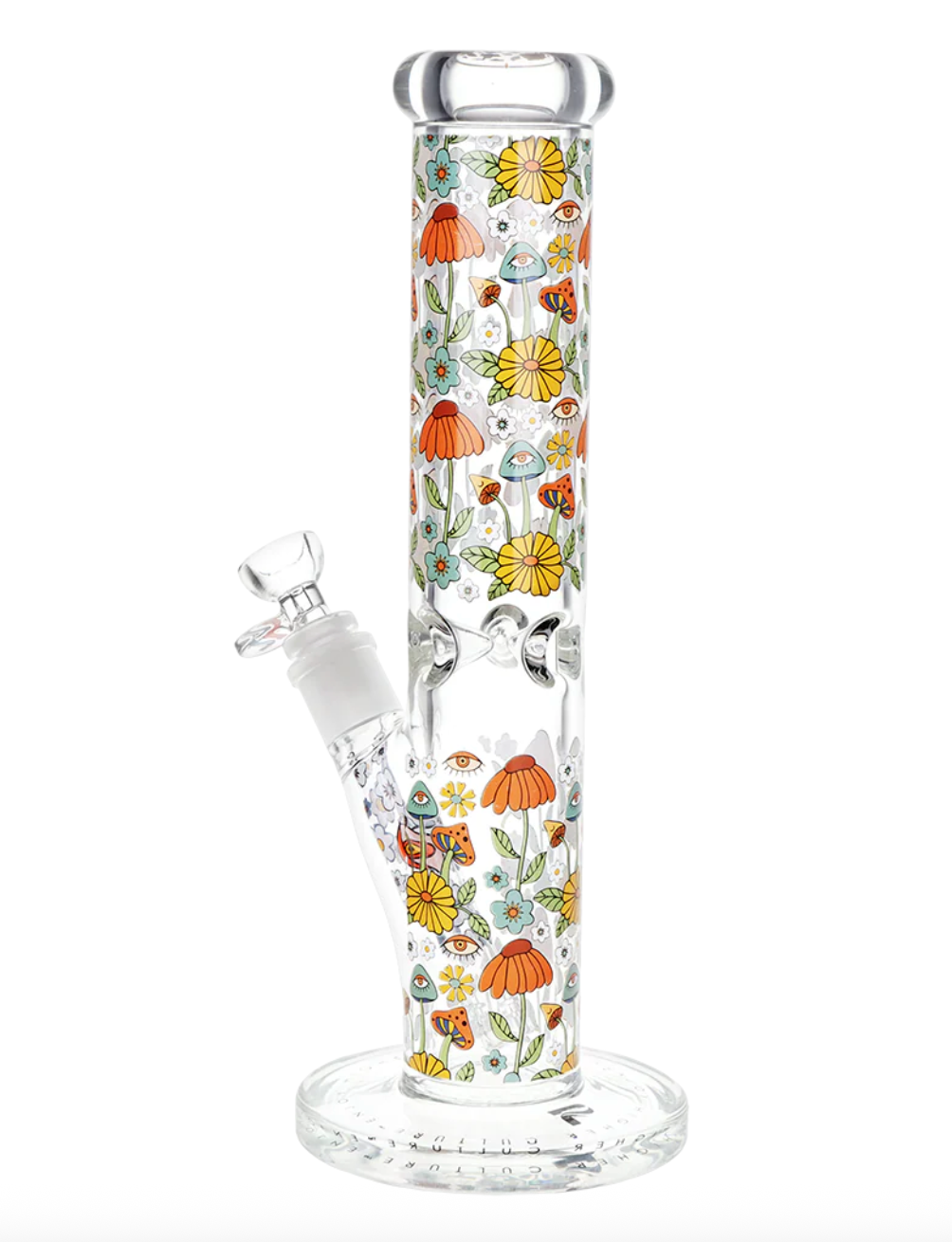 12 inch pulsar straight tube bong with orange yellow teal decals of flowers shooms eyes bliss shop chicago