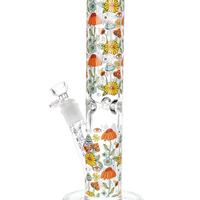 12 inch pulsar straight tube bong with orange yellow teal decals of flowers shooms eyes bliss shop chicago