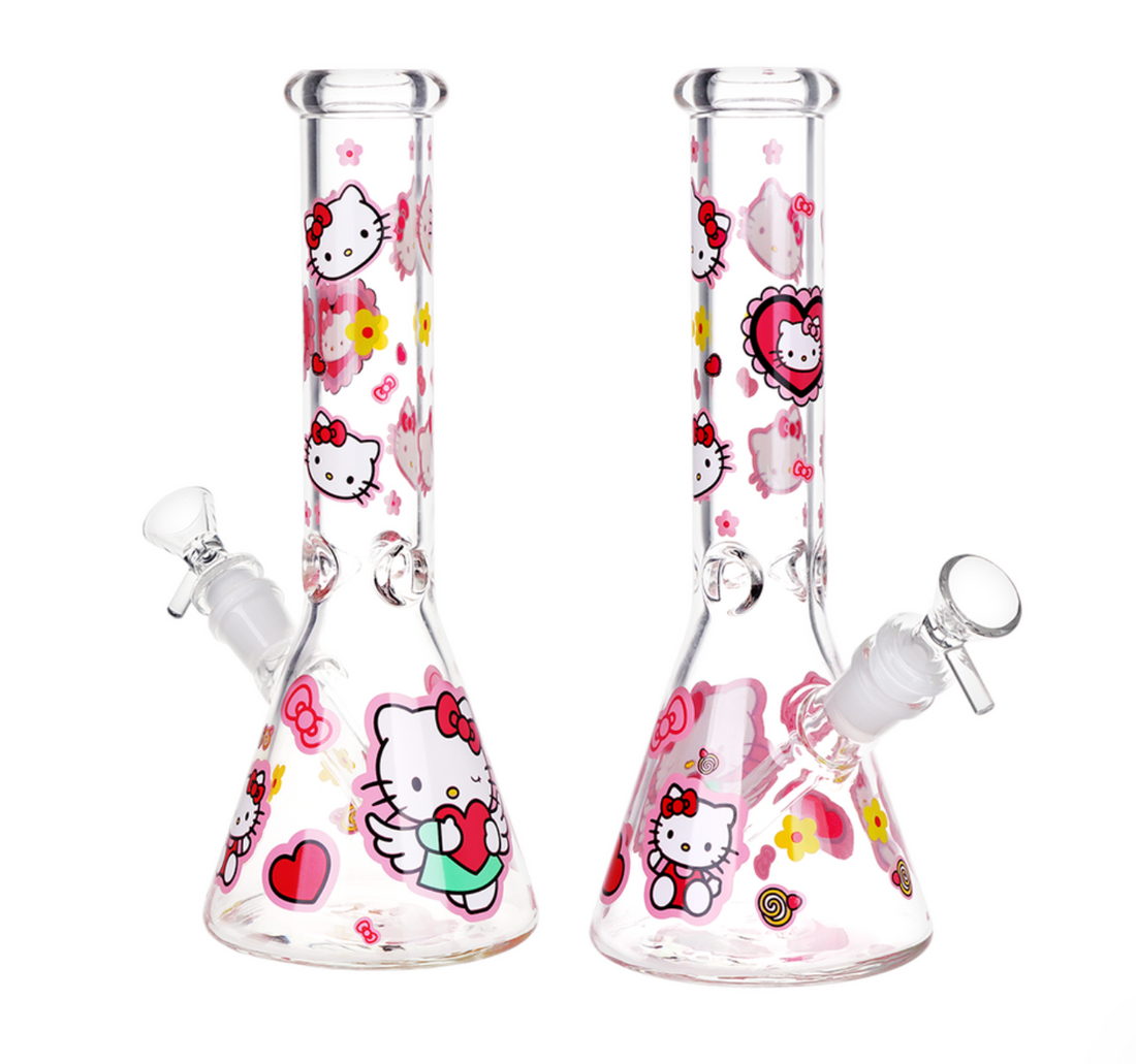 10 inch beaker bong with girly decals of hello kitty and red hearts and pink bows and flowers bliss shop chicago