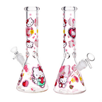 10 inch beaker bong with girly decals of hello kitty and red hearts and pink bows and flowers bliss shop chicago