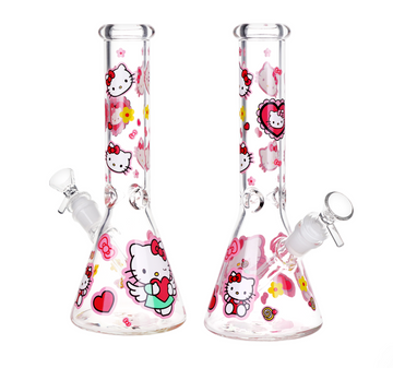 10 inch beaker bong with girly decals of hello kitty and red hearts and pink bows and flowers bliss shop chicago