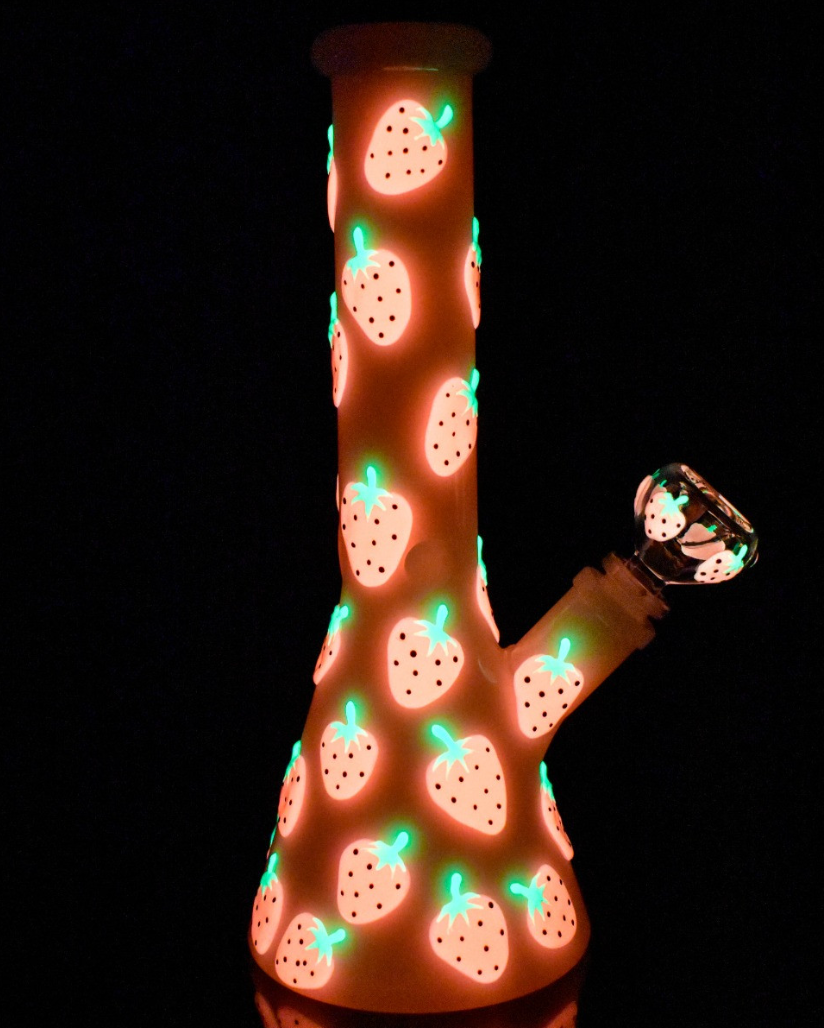 10 inch white beaker bong with bright red strawberry designs that glow in the dark bliss shop chicago