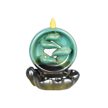 5.5 inch round ceramic backflow incense burner with tiered leaves bliss shop chicago