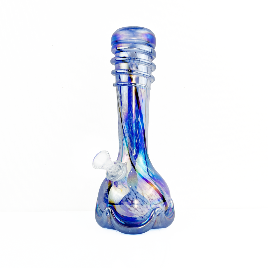 10 by 4 inch iridescent blue and white swirl soft glass bong with heavy base bliss shop chicago