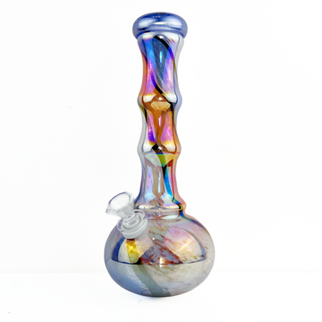 10 inch soft glass bong with iridescent orange-y red, blue and white swirl bliss shop chicago