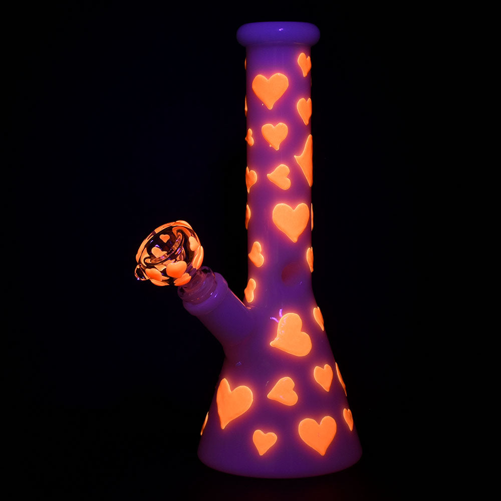 red and white glow in the dark heart beaker bong bliss shop chicago