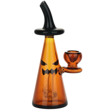 pulsar 6.5" inch orange conical bubbler with jack o lantern face and witch hat mouth piece bliss shop chicago