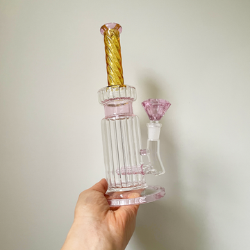 11 inch vintage style bong with gold and pink accent color glass bliss shop chicago