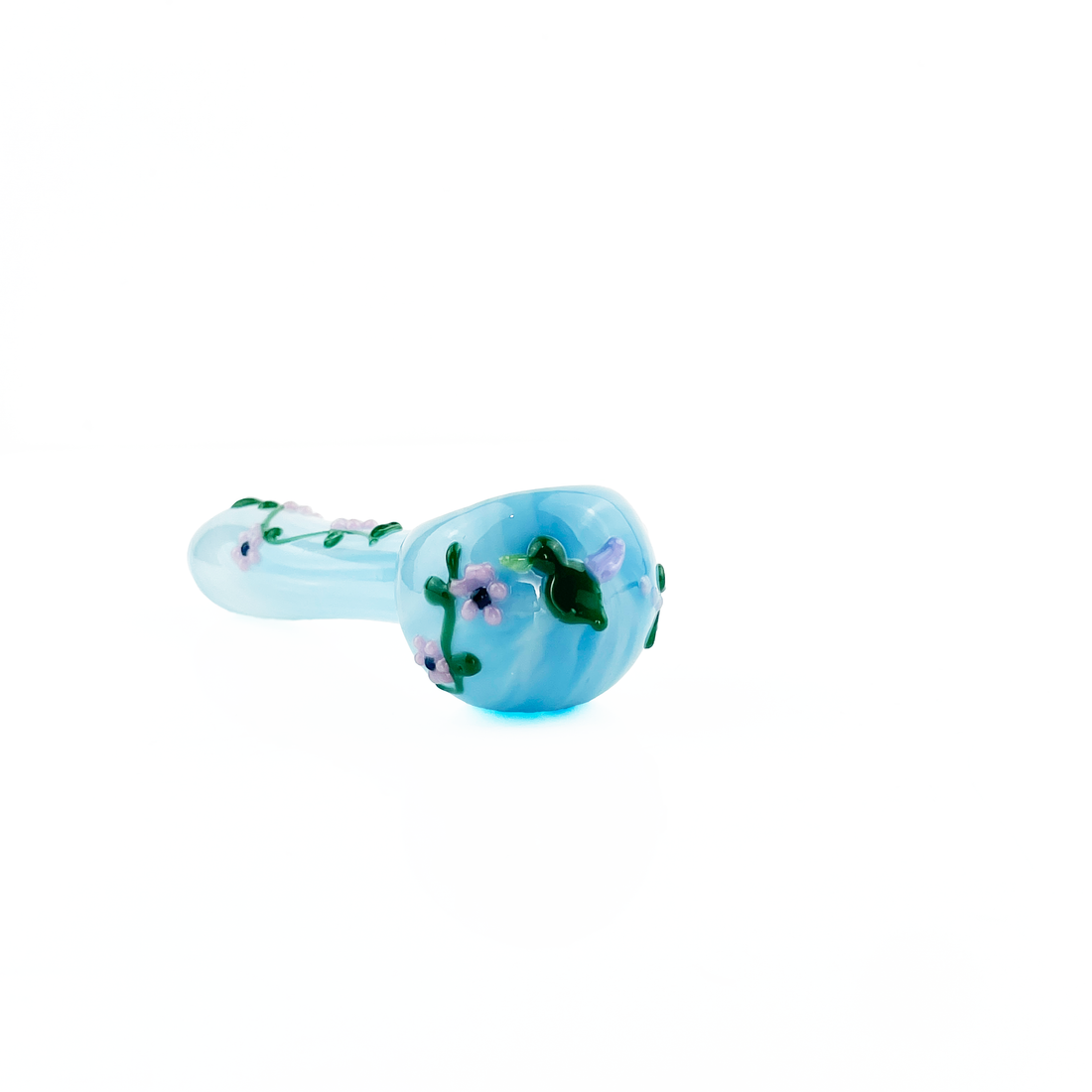 kristi conant blue glass spoon pipe with flower and hummingbird detail bliss shop chicago