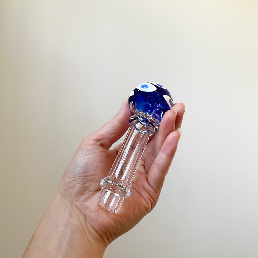 ohio valley high 4.5 inch borosilicate spoon pipe with sapphire blue bowl with white spot design bliss shop chicago