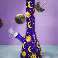 canna style 10 inch midnight blue beaker bong with gold sun moon stars celestial design bliss shop chicago
