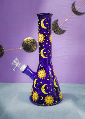 canna style 10 inch midnight blue beaker bong with gold sun moon stars celestial design bliss shop chicago
