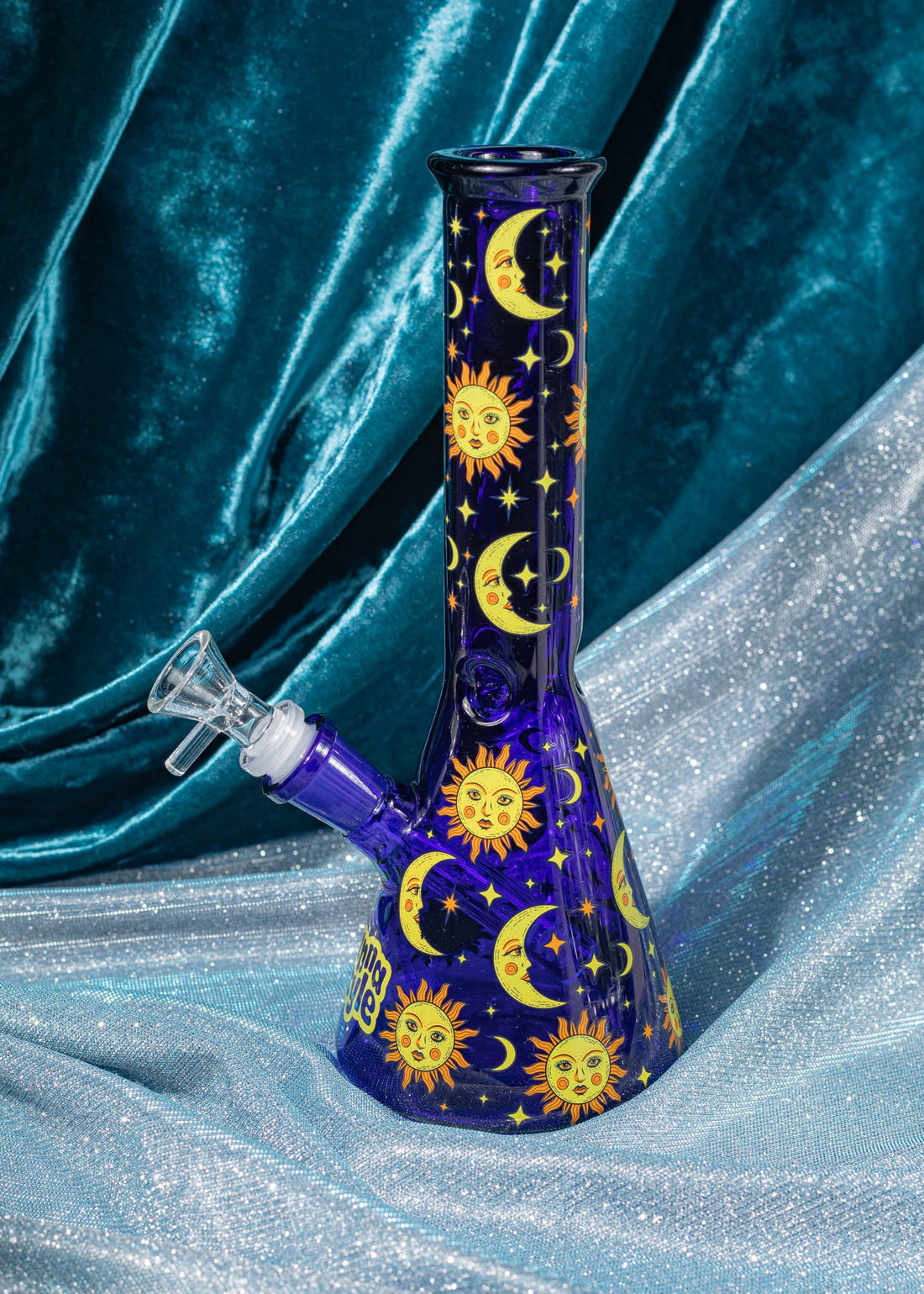canna style 10 inch midnight blue beaker bong with gold sun moon stars celestial design bliss shop chicago