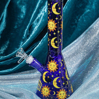 canna style 10 inch midnight blue beaker bong with gold sun moon stars celestial design bliss shop chicago