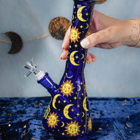 canna style 10 inch midnight blue beaker bong with gold sun moon stars celestial design bliss shop chicago