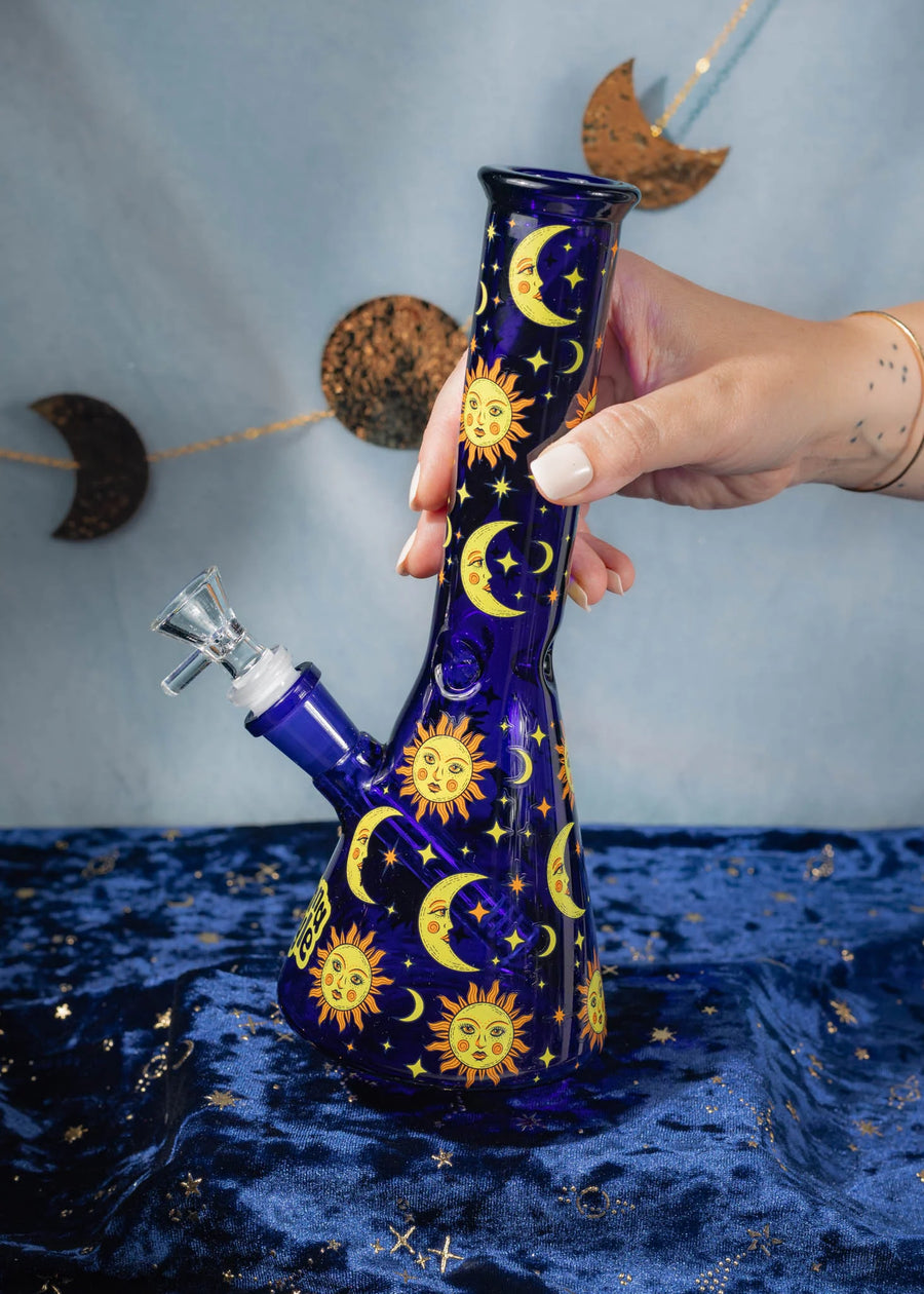 canna style 10 inch midnight blue beaker bong with gold sun moon stars celestial design bliss shop chicago