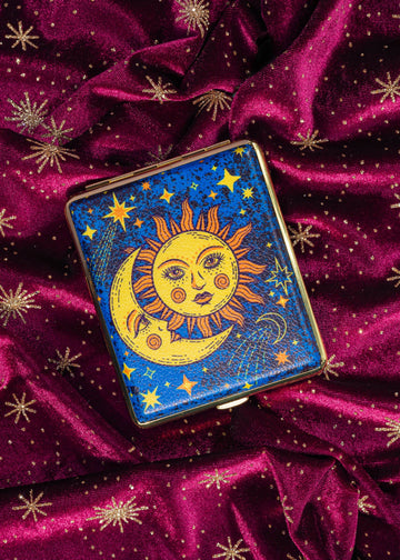 canna style 90s celestial blue joint case with gold sun and moon design bliss shop chicago