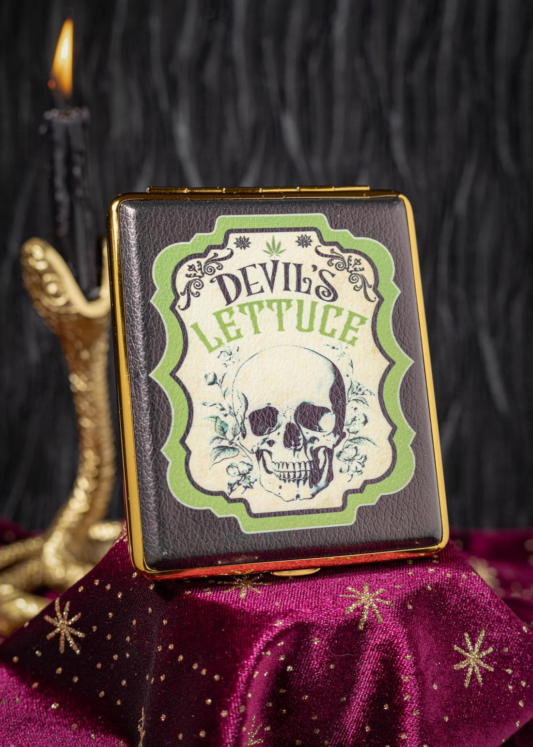 canna style black joint case with vintage style off white and green print of skull and devil's lettuce bliss shop chicago