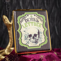 canna style black joint case with vintage style off white and green print of skull and devil's lettuce bliss shop chicago