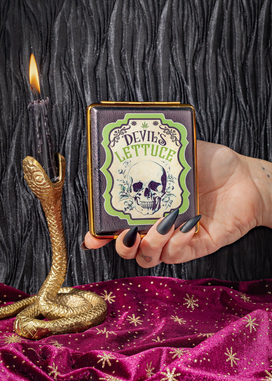 canna style black joint case with vintage style off white and green print of skull and devil's lettuce bliss shop chicago