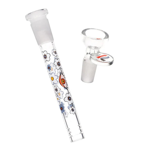12 inch pulsar straight tube bong with orange yellow teal decals of flowers shooms eyes bliss shop chicago