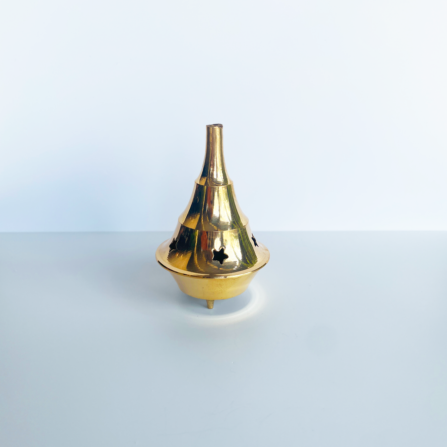 3.5 inch tall 2 piece brass incense cone burner with star cutouts bliss shop chicago