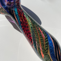 5 inch gold hand pipe with green and red latticino and green and blue dichro glass design throughout bliss shop chicago