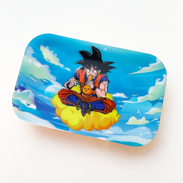 10 by 7 inch metal rolling tray with magnetic lid of hologram image of dragon ball z goku on a cloud smoking a bong bliss shop chicago