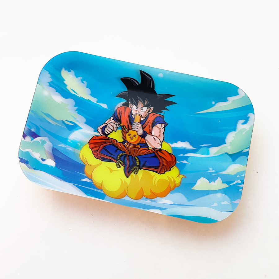 10 by 7 inch metal rolling tray with magnetic lid of hologram image of dragon ball z goku on a cloud smoking a bong bliss shop chicago