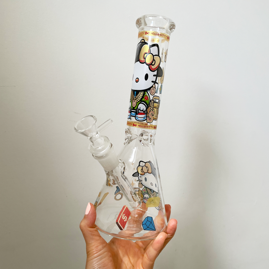 10 inch beaker bong with swagged out hello kitty cash and diamond decal design bliss shop chicago