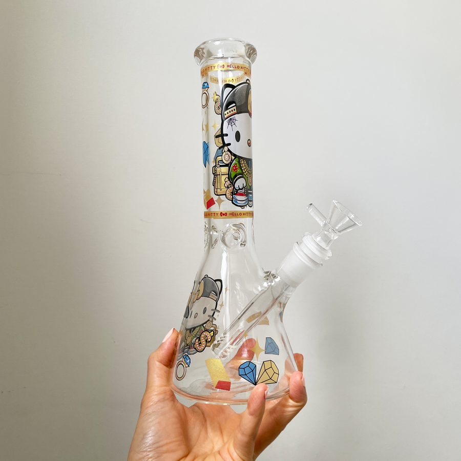 10 inch beaker bong with swagged out hello kitty cash and diamond decal design bliss shop chicago