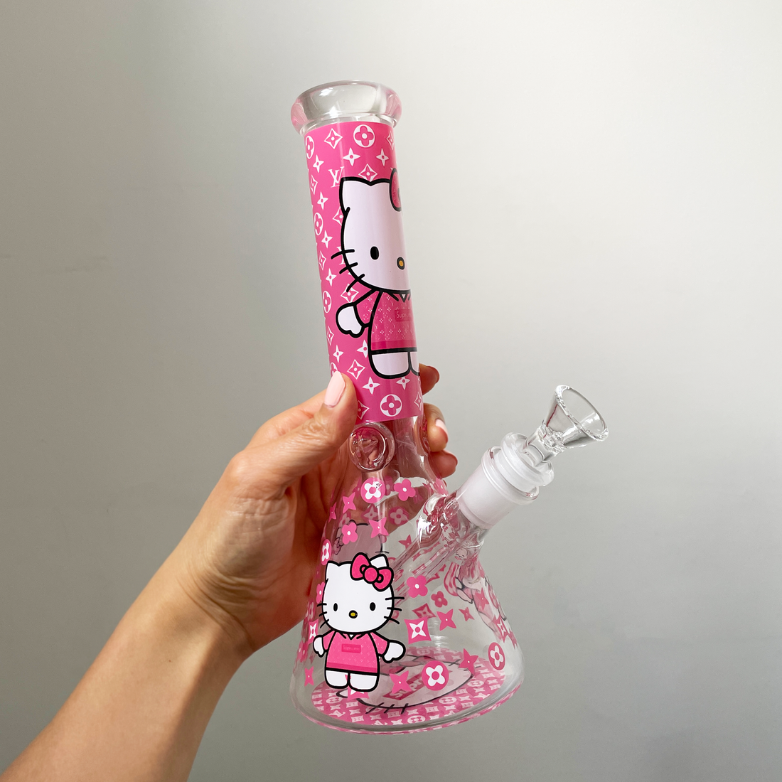 10 inch beaker bong with hot pink decal design of louis vuitton pattern supreme and hello kitty bliss shop chicago