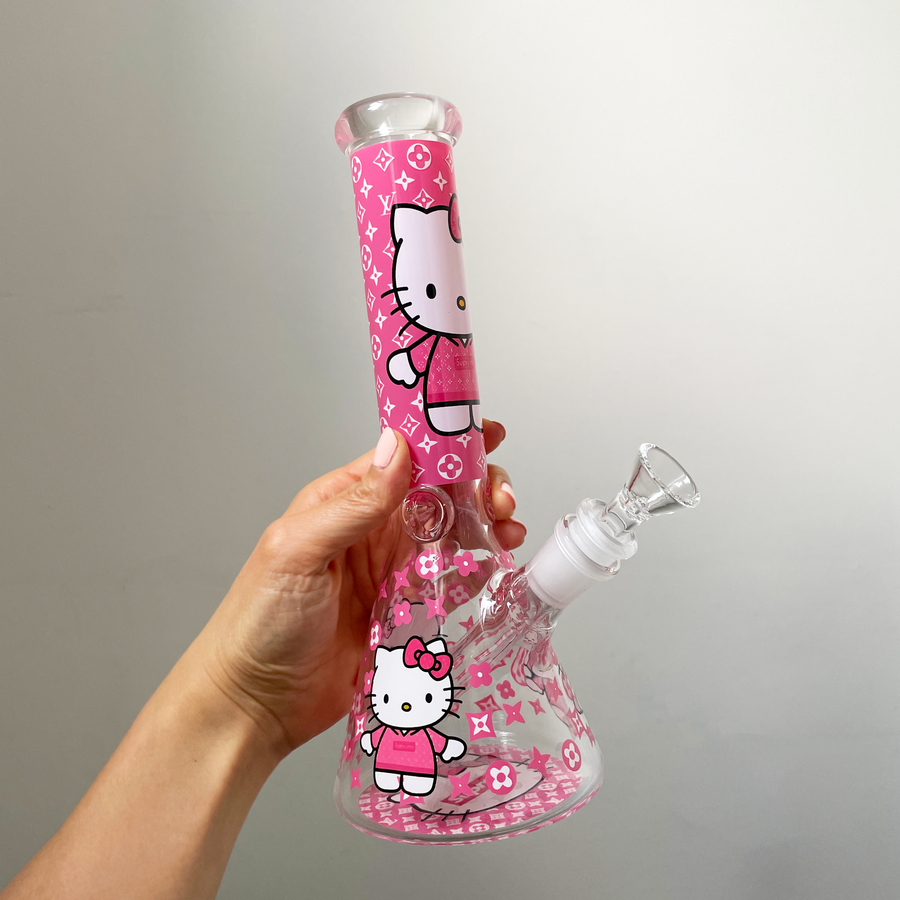 10 inch beaker bong with hot pink decal design of louis vuitton pattern supreme and hello kitty bliss shop chicago