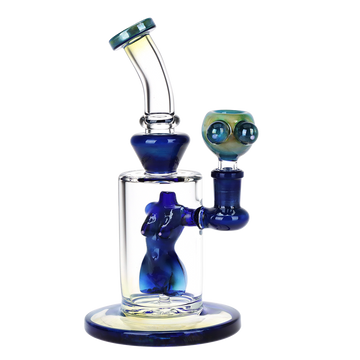 8 inch fumed and blue glass bong with stemless joint and percolator shaped like nude womans torso bliss shop chicago