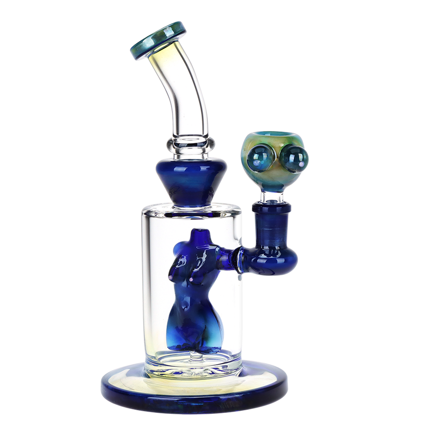8 inch fumed and blue glass bong with stemless joint and percolator shaped like nude womans torso bliss shop chicago