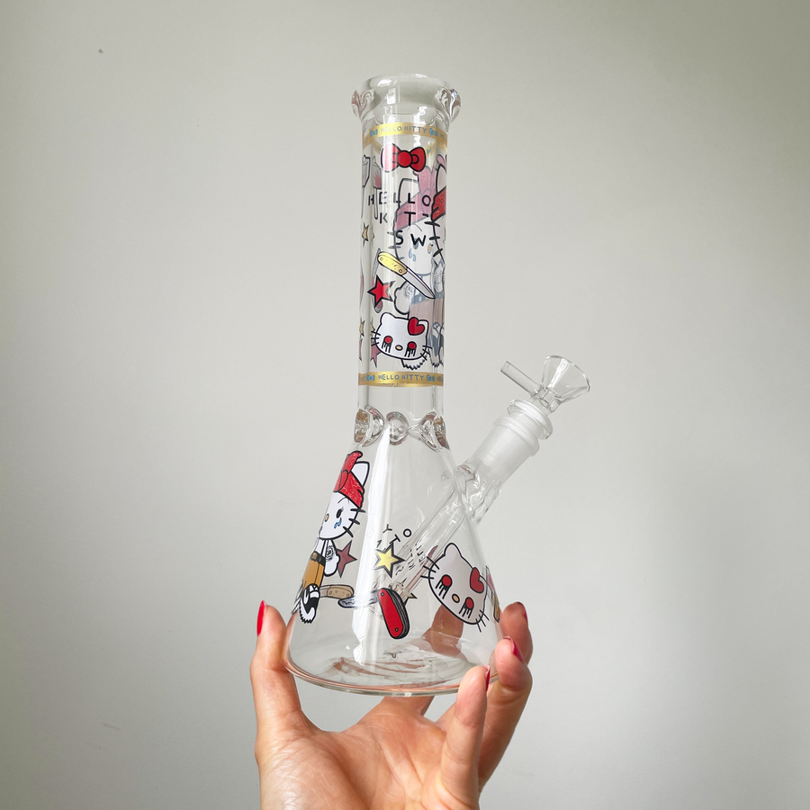 10 inch beaker bong with hello kitty dressed like thug holding knife decal design bliss shop chicago