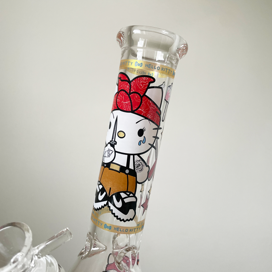 10 inch beaker bong with hello kitty dressed like thug holding knife decal design bliss shop chicago
