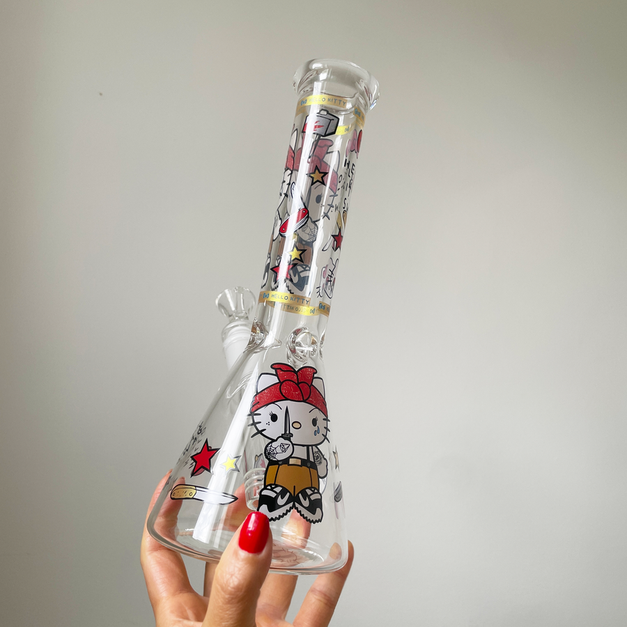 10 inch beaker bong with hello kitty dressed like thug holding knife decal design bliss shop chicago