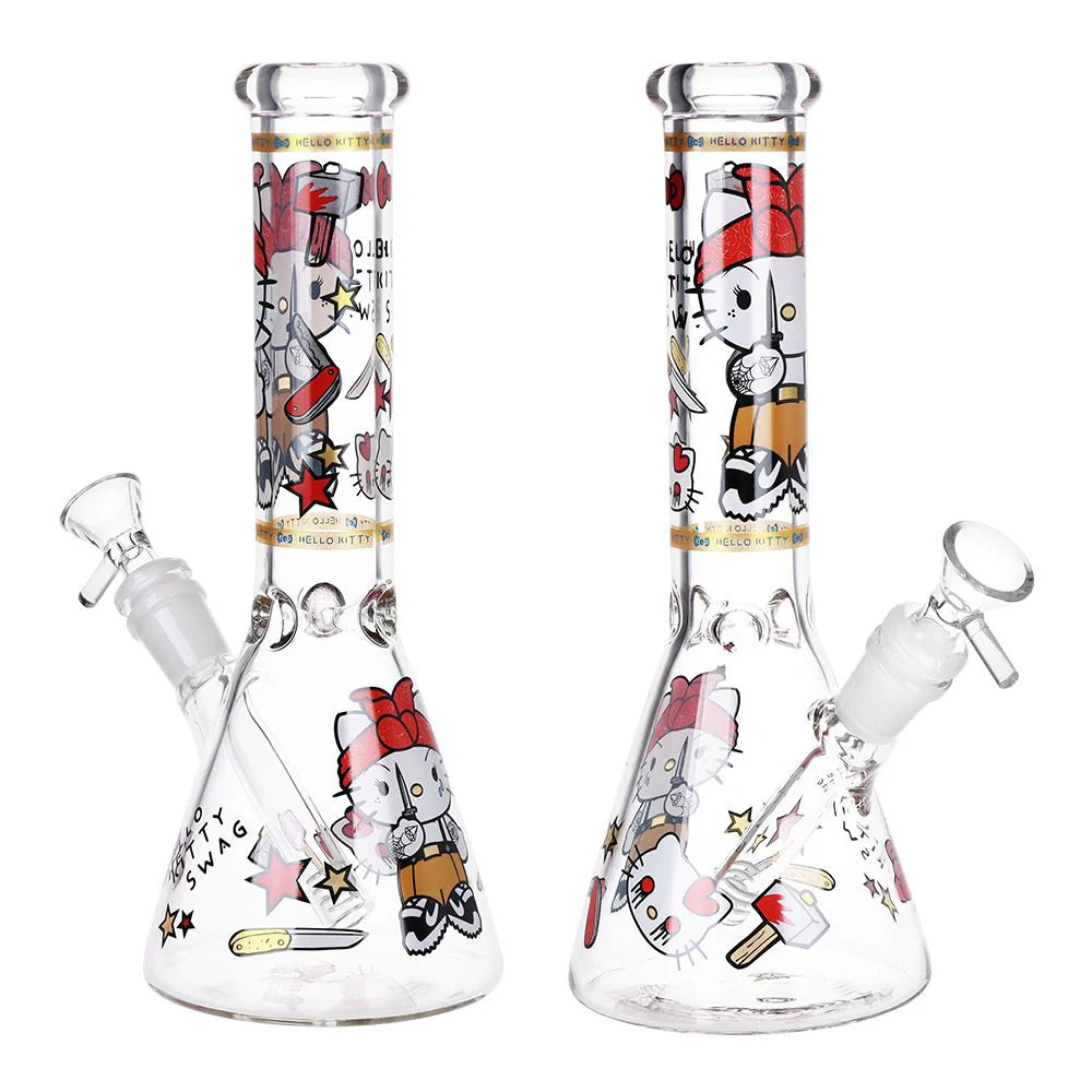 10 inch beaker bong with hello kitty dressed like thug holding knife decal design bliss shop chicago