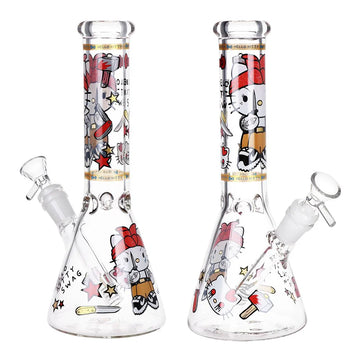 10 inch beaker bong with hello kitty dressed like thug holding knife decal design bliss shop chicago
