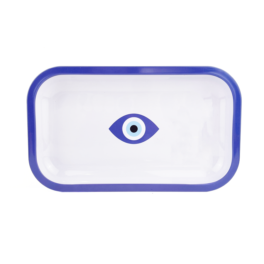 Giddy 10 by 6 inch metal rolling tray with blue evil eye design bliss shop chicago