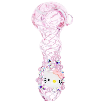 4" pink borosilicate glass hand pipe with pink pearls, sparkly gems and hello kitty charm decorated at the base of the pipe bliss shop chicago