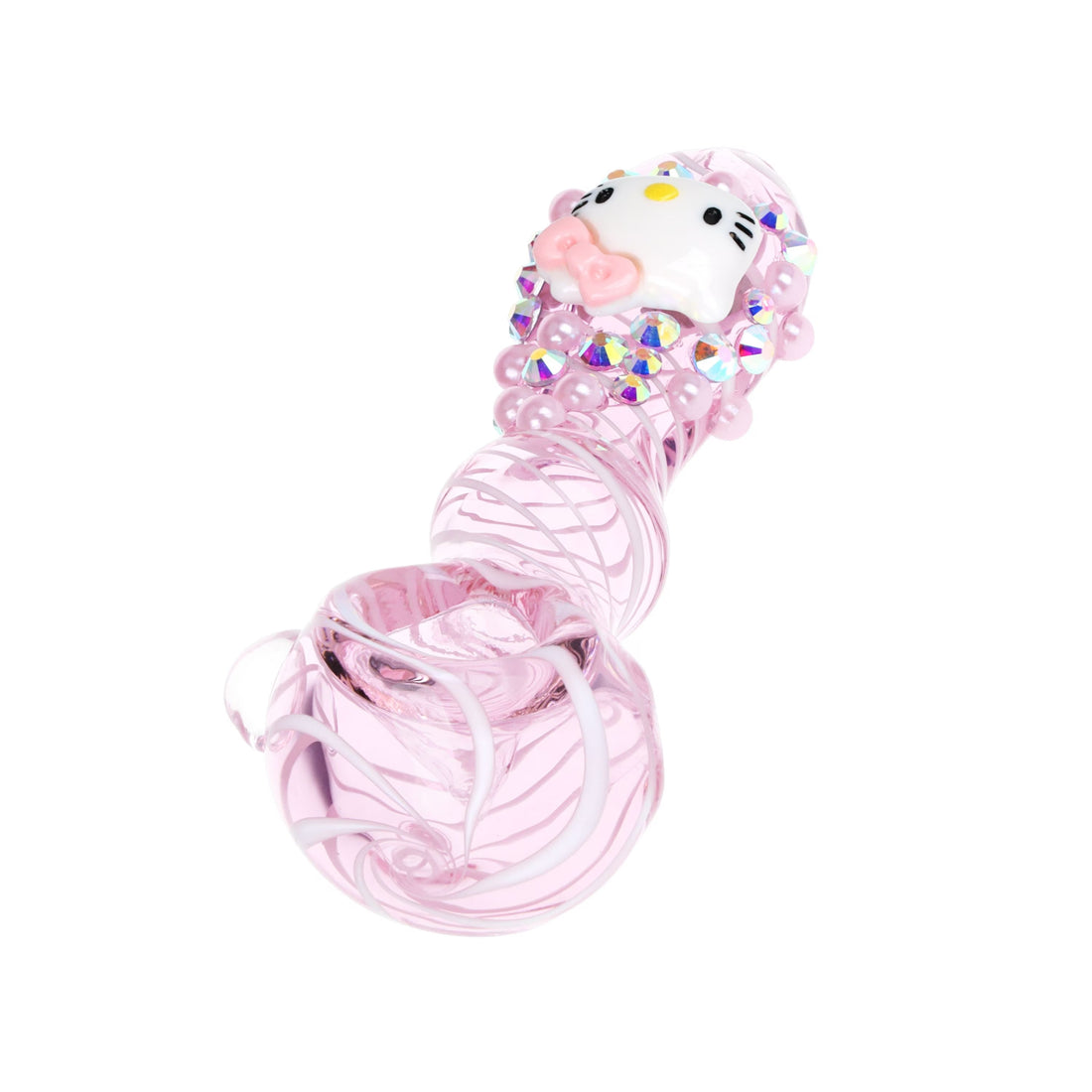 4" pink borosilicate glass hand pipe with pink pearls, sparkly gems and hello kitty charm decorated at the base of the pipe bliss shop chicago