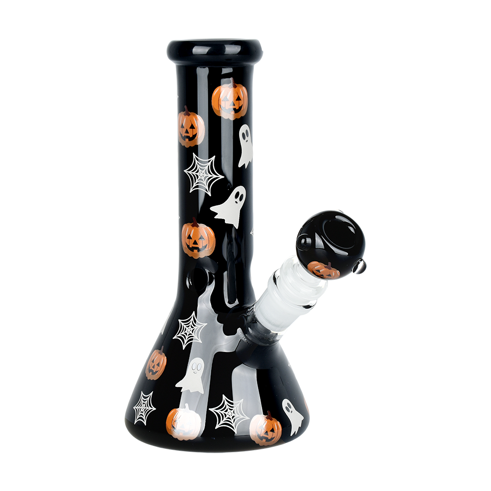 8 inch tall glow in the dark black beaker with jack o lantern pumpkins ghosts and cobweb design bliss shop chicago