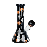 8 inch tall glow in the dark black beaker with jack o lantern pumpkins ghosts and cobweb design bliss shop chicago
