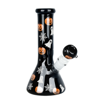 8 inch tall glow in the dark black beaker with jack o lantern pumpkins ghosts and cobweb design bliss shop chicago