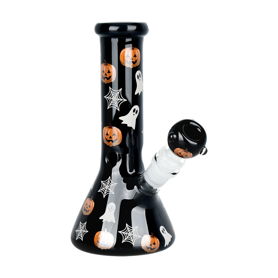 8 inch tall glow in the dark black beaker with jack o lantern pumpkins ghosts and cobweb design bliss shop chicago
